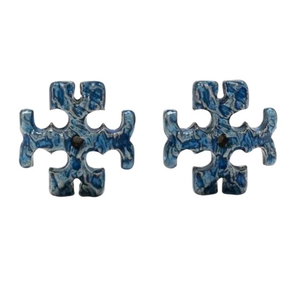 TORY BURCH • Rolled Pewter Roxanne Painted Blue Earrings - Picture 4 of 6